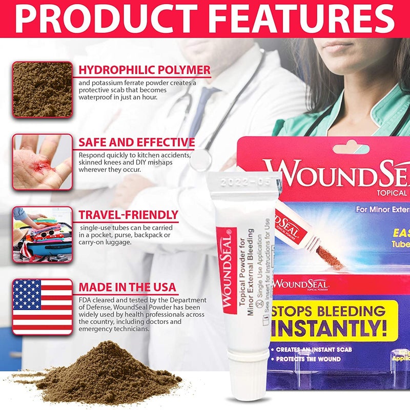 WoundSeal بودرة ووند سيل 4 كل (عبوة من 3) - رعاية الجروح الإسعافات الأولية للجروح والخدوش والتمزقات - توقف النزيف في ثوانٍ دون خياطة أو ضمادات - آمنة وفعالة للأشخاص من جميع الأعمار والحيوانات الأليفة - Image 3